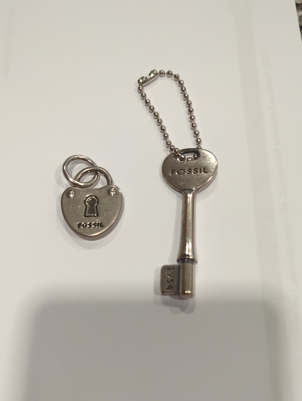 Fossil Silver Heart Padlock and Key Charm Set